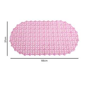 Pink textured oval object with dimensions on a white background