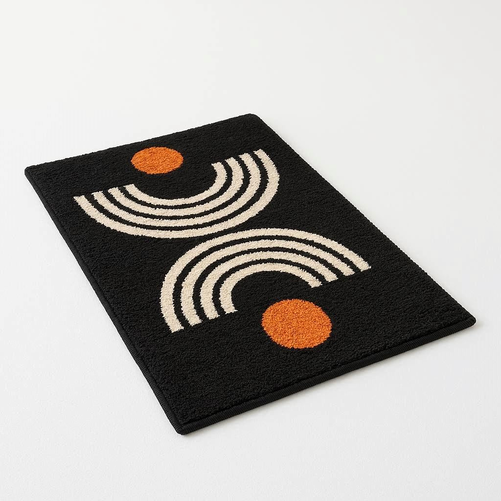 Black rug with beige arches and orange circles on a light gray background